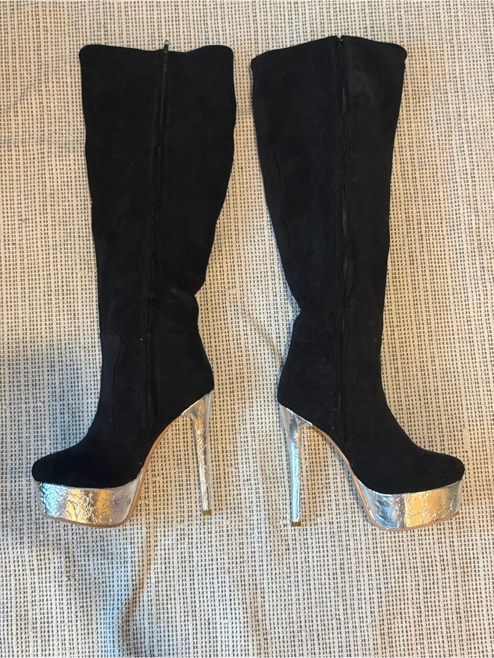 Black Suede Knee-High Boots with Silver Platform Heel